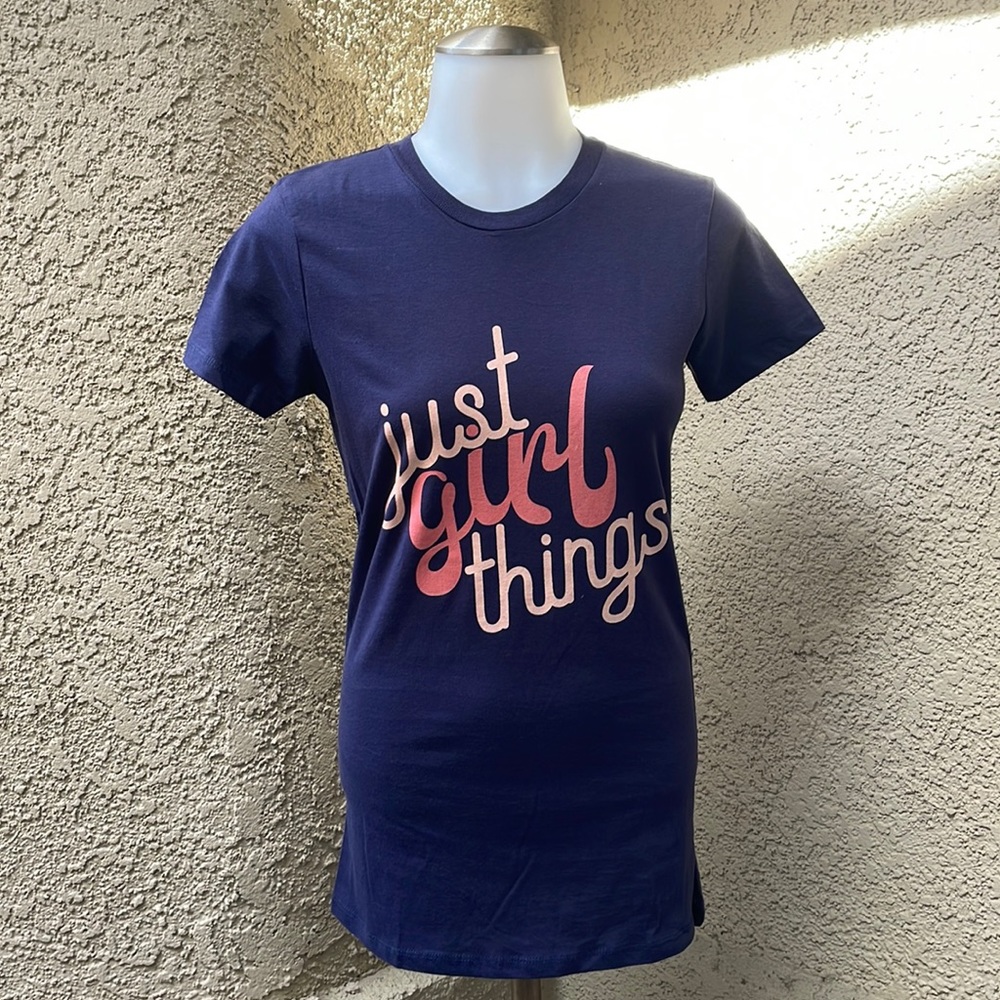 Navy blue/dusty orange “Just girl things” tee shirt